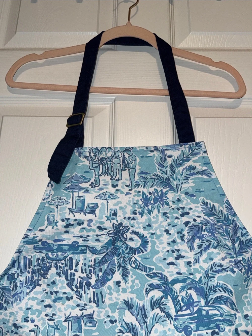 Lilly Pulitzer Light Blue Toile Apron with Navy Pockets and Gold Script